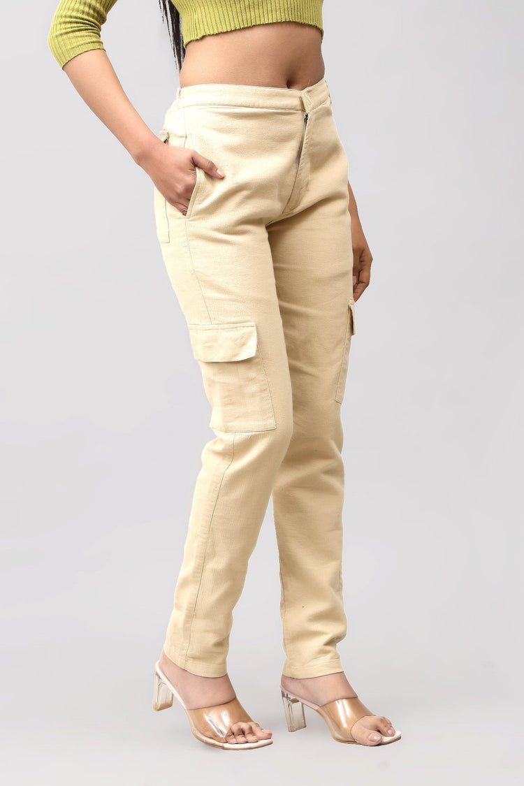 Bluebird Women's Slim Fit Cotton Cargo Pants Beige - Veshbhoshaa