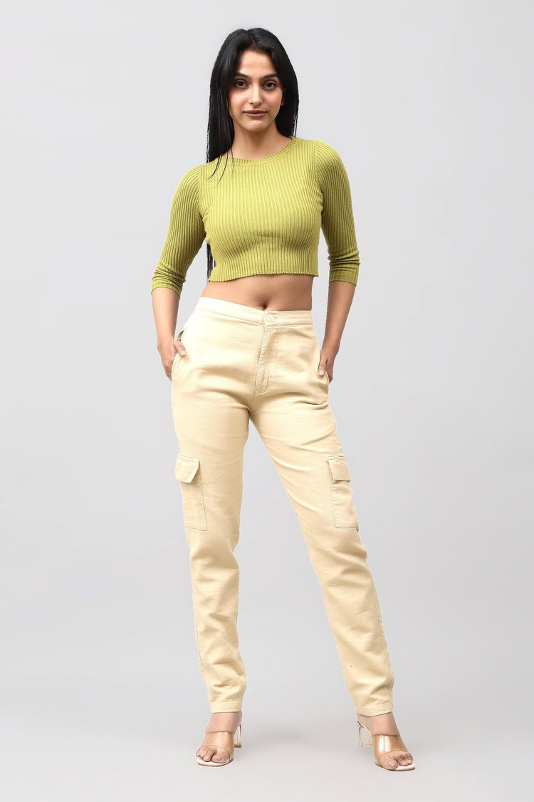 Bluebird Women's Slim Fit Cotton Cargo Pants Beige - Veshbhoshaa