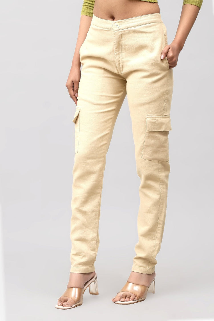 Bluebird Women's Slim Fit Cotton Cargo Pants Beige - Veshbhoshaa