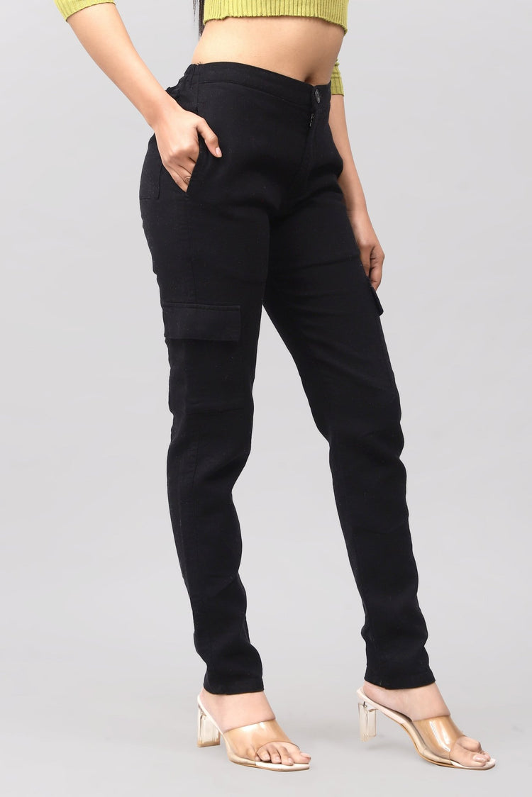 Bluebird Women's Slim Fit Cotton Cargo Pants Black - Veshbhoshaa