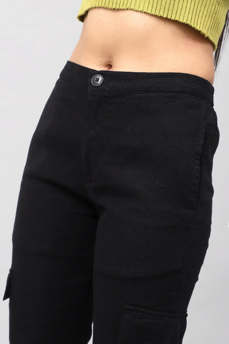 Bluebird Women's Slim Fit Cotton Cargo Pants Black - Veshbhoshaa