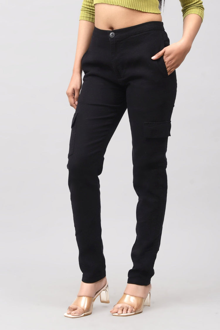 Bluebird Women's Slim Fit Cotton Cargo Pants Black - Veshbhoshaa