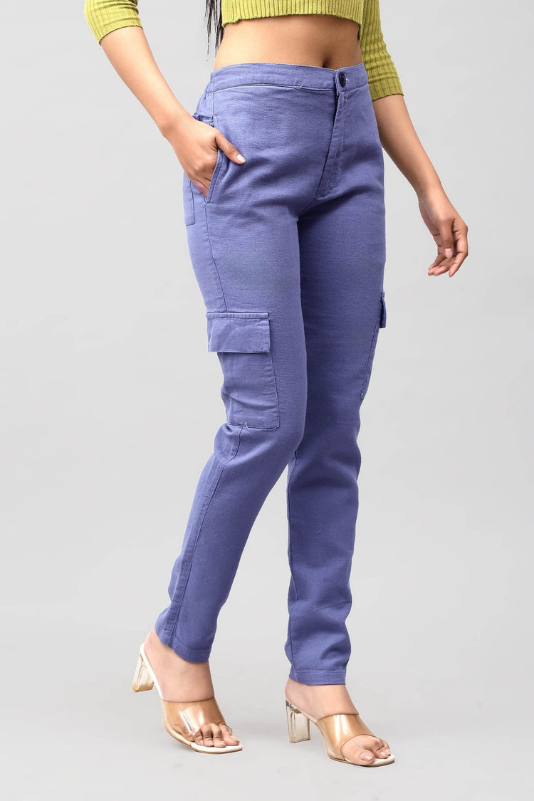 Bluebird Women's Slim Fit Cotton Cargo Pants Blue - Veshbhoshaa