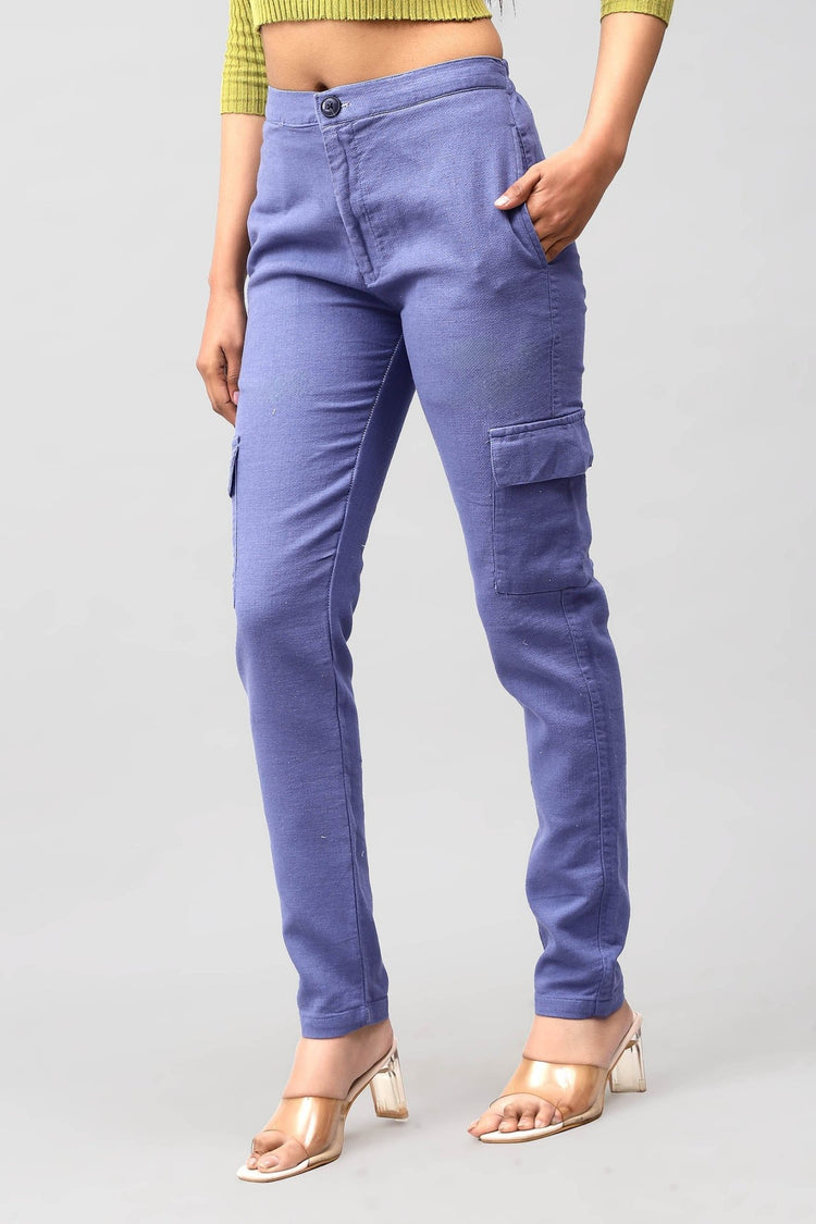 Bluebird Women's Slim Fit Cotton Cargo Pants Blue - Veshbhoshaa