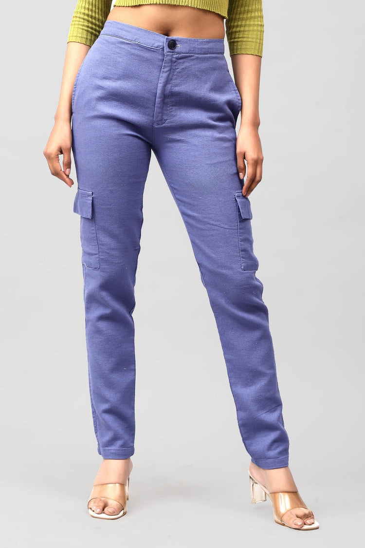 Bluebird Women's Slim Fit Cotton Cargo Pants Blue - Veshbhoshaa