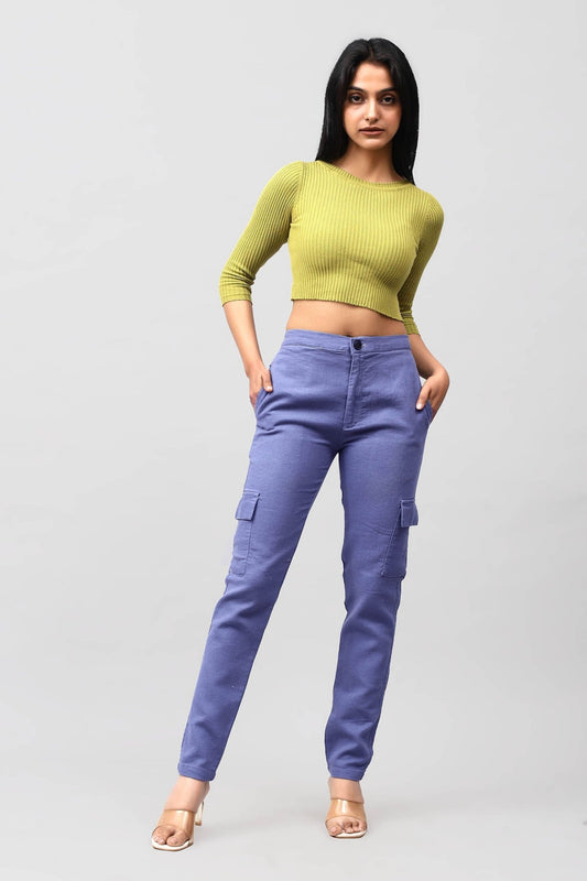 Bluebird Women's Slim Fit Cotton Cargo Pants Blue - Veshbhoshaa