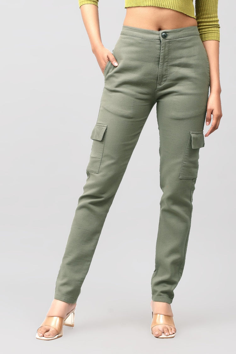 Bluebird Women's Slim Fit Cotton Cargo Pants Green - Veshbhoshaa