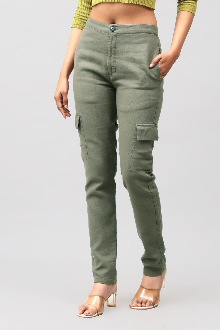 Bluebird Women's Slim Fit Cotton Cargo Pants Green - Veshbhoshaa