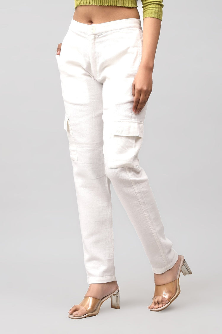 Bluebird Women's Slim Fit Cotton Cargo Pants Off White - Veshbhoshaa