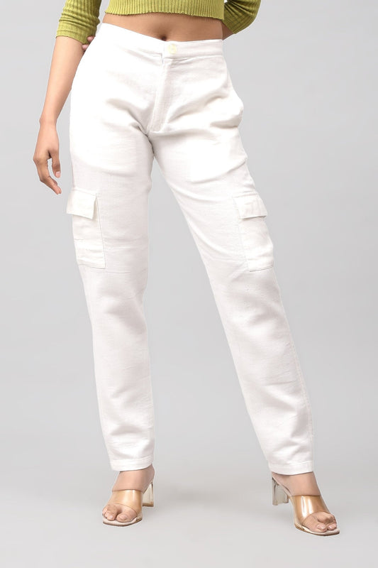 Bluebird Women's Slim Fit Cotton Cargo Pants Off White - Veshbhoshaa