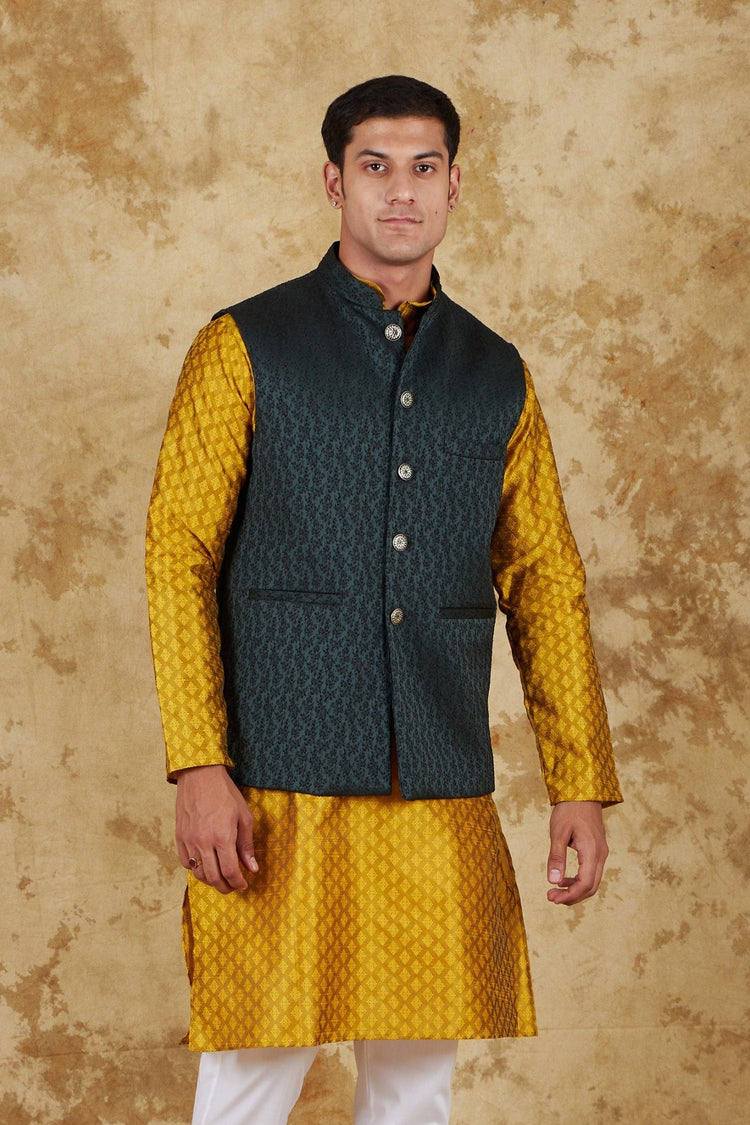 Bluesaanchi Golden Jacquard Waistcoat set - Veshbhoshaa