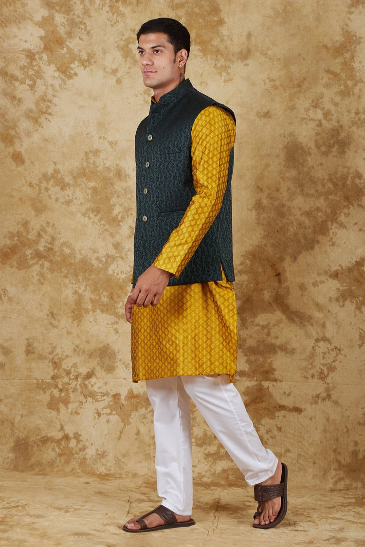 Bluesaanchi Golden Jacquard Waistcoat set - Veshbhoshaa