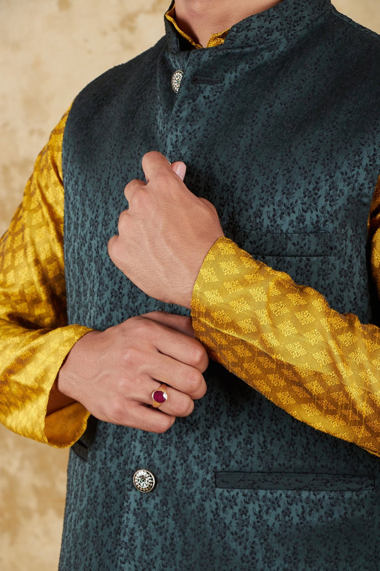 Bluesaanchi Golden Jacquard Waistcoat set - Veshbhoshaa