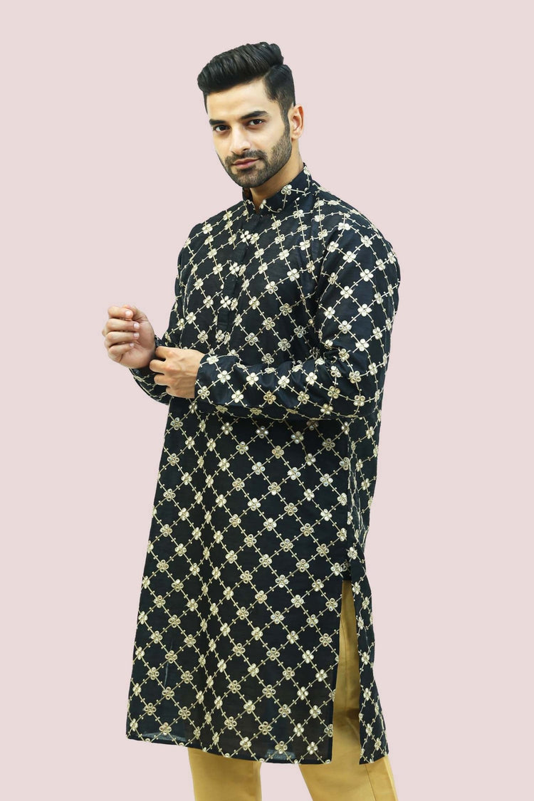 bluesaanchi Men's Black Mirror Work Silk Kurta Set - Veshbhoshaa
