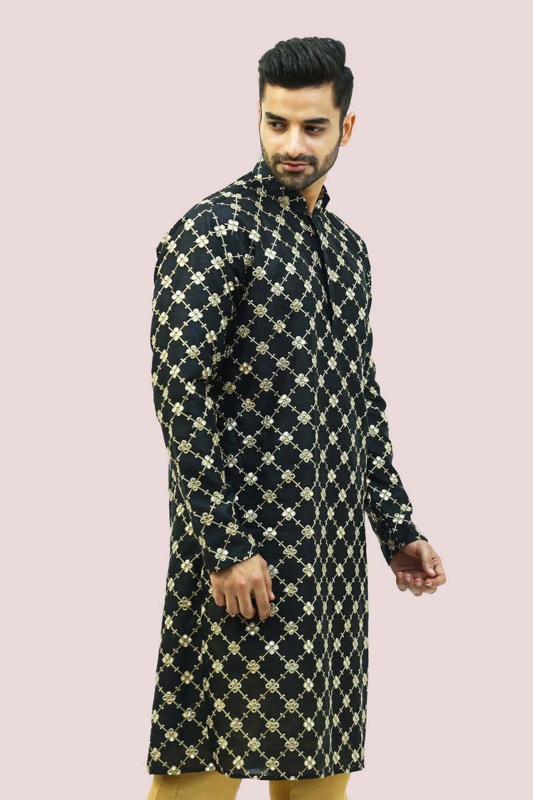 bluesaanchi Men's Black Mirror Work Silk Kurta Set - Veshbhoshaa