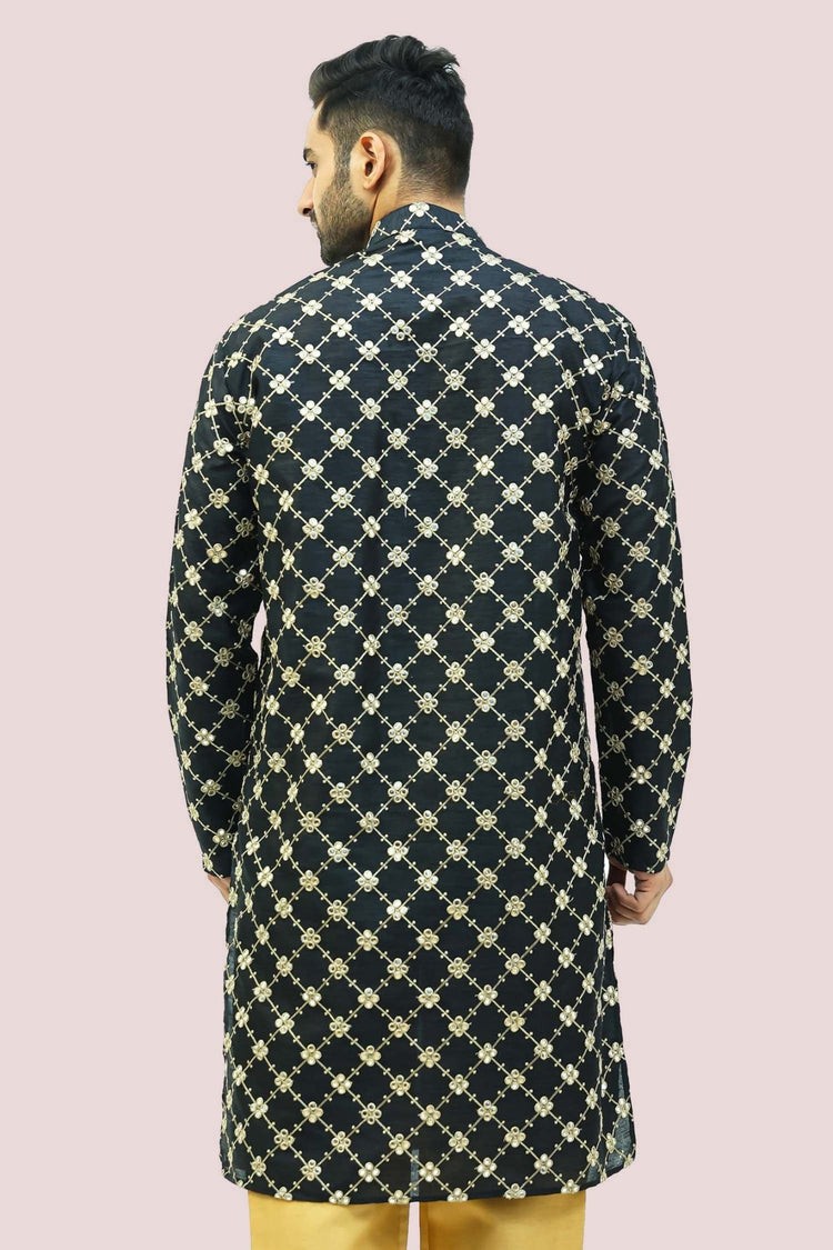 bluesaanchi Men's Black Mirror Work Silk Kurta Set - Veshbhoshaa