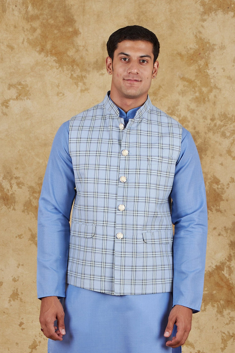 Bluesaanchi Men's Cotton Blend Blue All Over Check Waistcoat - Veshbhoshaa