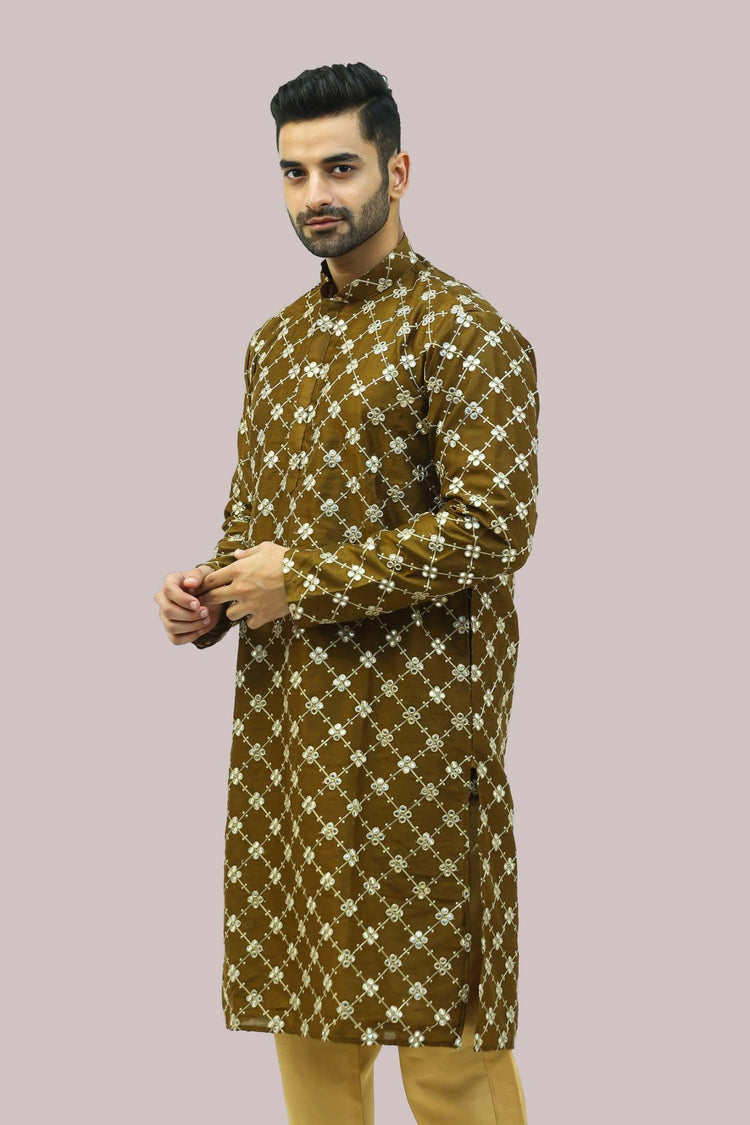 Bluesaanchi Men's Mehandi Dupion Silk Kurta Set - Veshbhoshaa