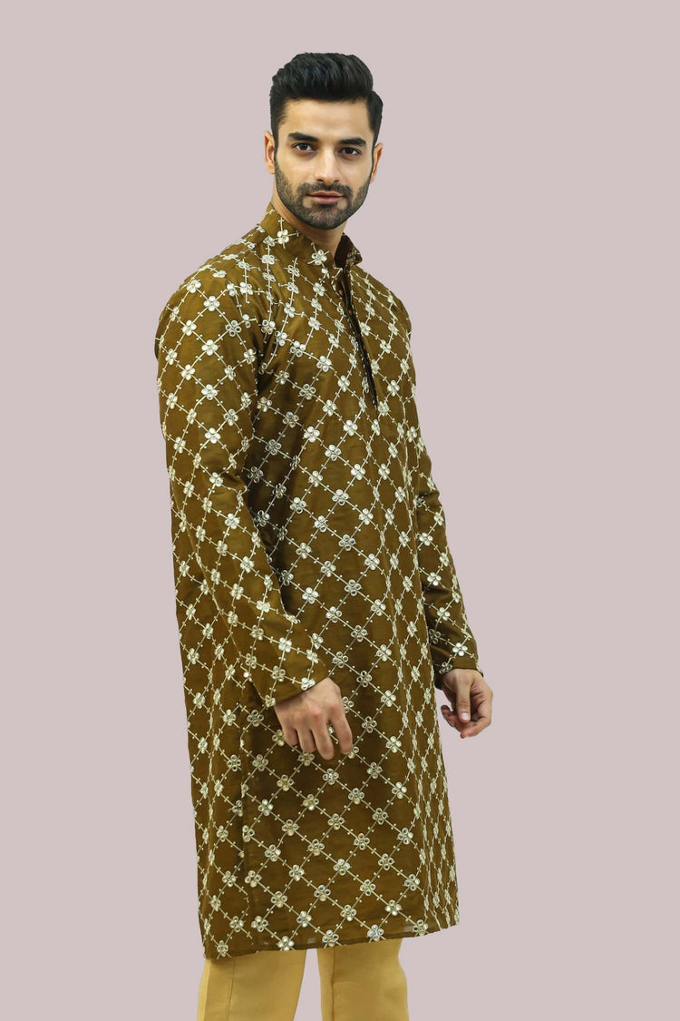 Bluesaanchi Men's Mehandi Dupion Silk Kurta Set - Veshbhoshaa