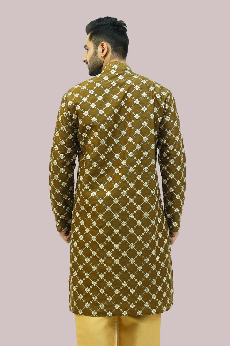 Bluesaanchi Men's Mehandi Dupion Silk Kurta Set - Veshbhoshaa