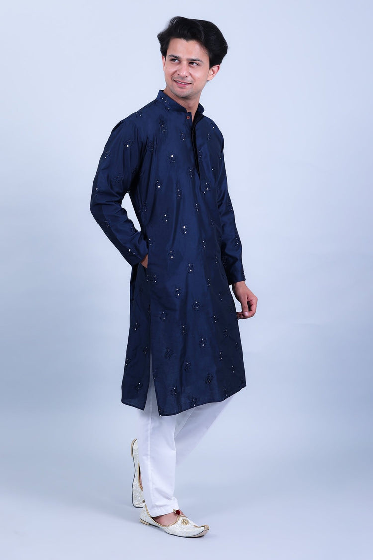 Bluesaanchi Men's Navy Blue Embroidery Kurta Set - Veshbhoshaa