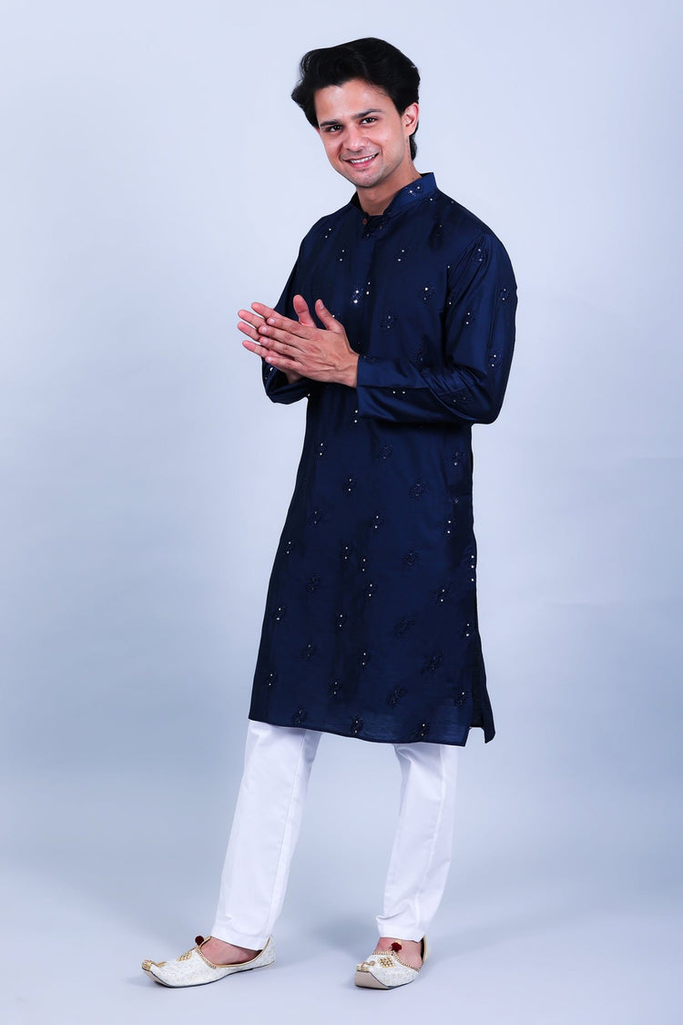 Bluesaanchi Men's Navy Blue Embroidery Kurta Set - Veshbhoshaa