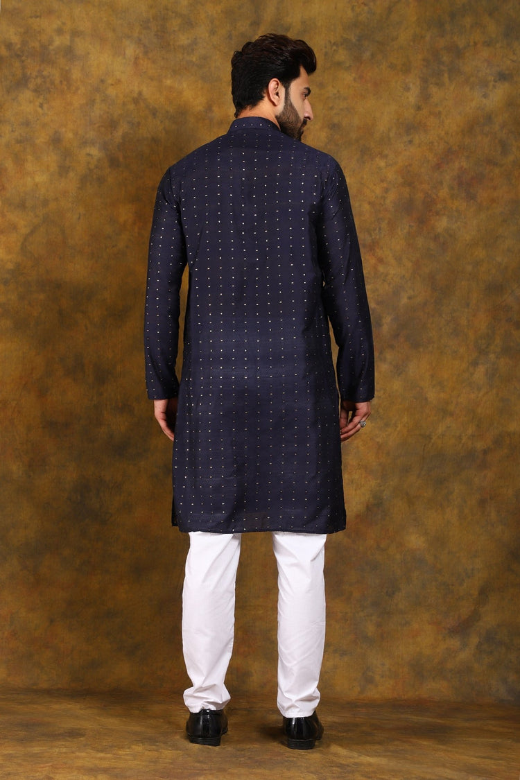 Bluesaanchi Men's Navy Blue Zari Embroidery Kurta Pyjama - Veshbhoshaa