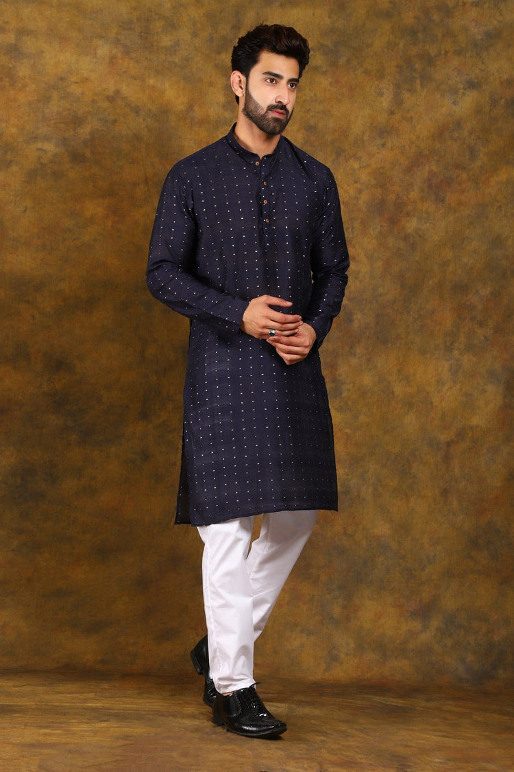 Bluesaanchi Men's Navy Blue Zari Embroidery Kurta Pyjama - Veshbhoshaa