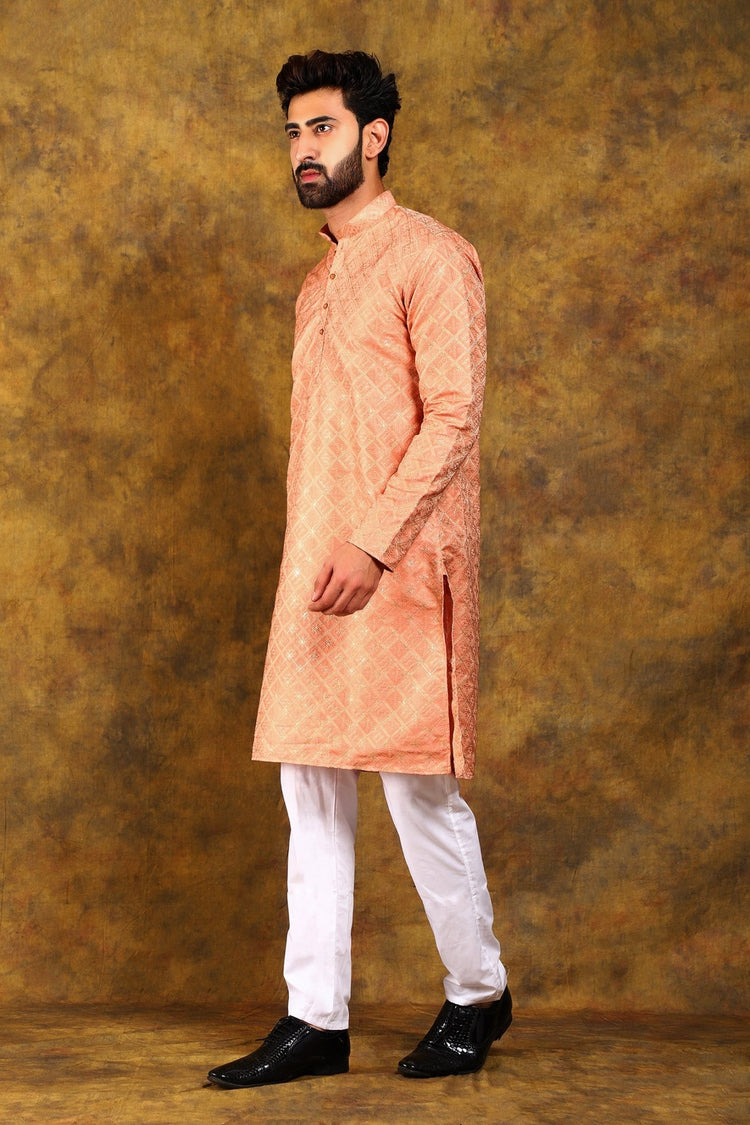 Bluesaanchi Men's Peach Embroidered Kurta Set - Veshbhoshaa
