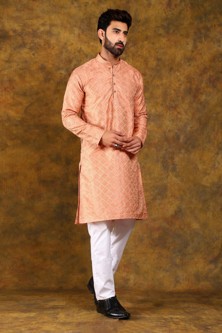 Bluesaanchi Men's Peach Embroidered Kurta Set - Veshbhoshaa