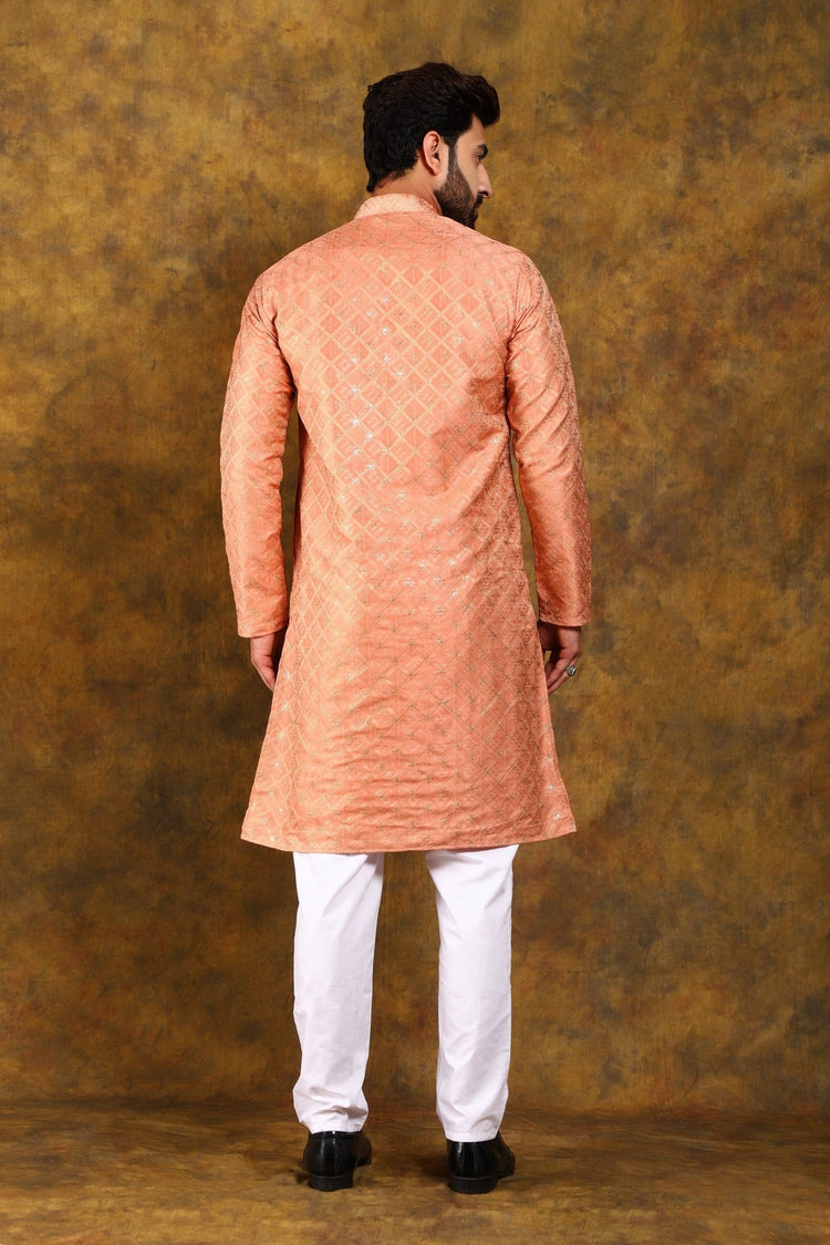 Bluesaanchi Men's Peach Embroidered Kurta Set - Veshbhoshaa