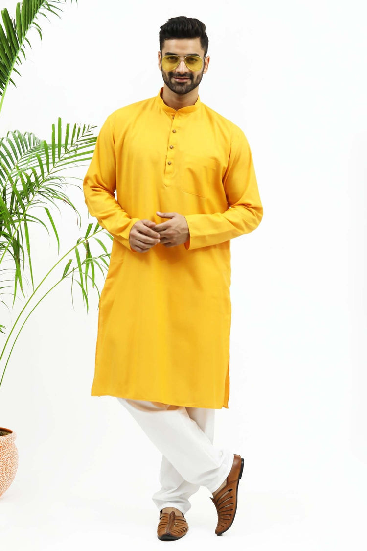 Bluesaanchi Men's Yellow Designer Matka Silk Kurta Set - Veshbhoshaa