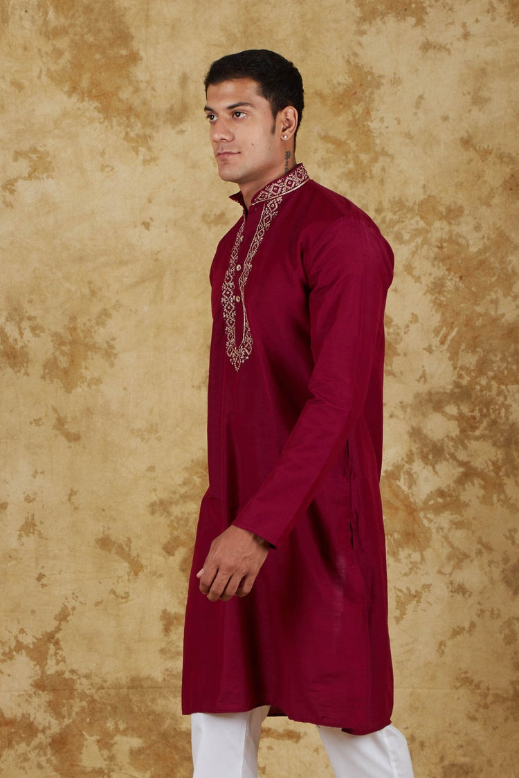 Bluesaanchi Royal Elegance Crimson Handloom Embroidery Kurta Set - Veshbhoshaa