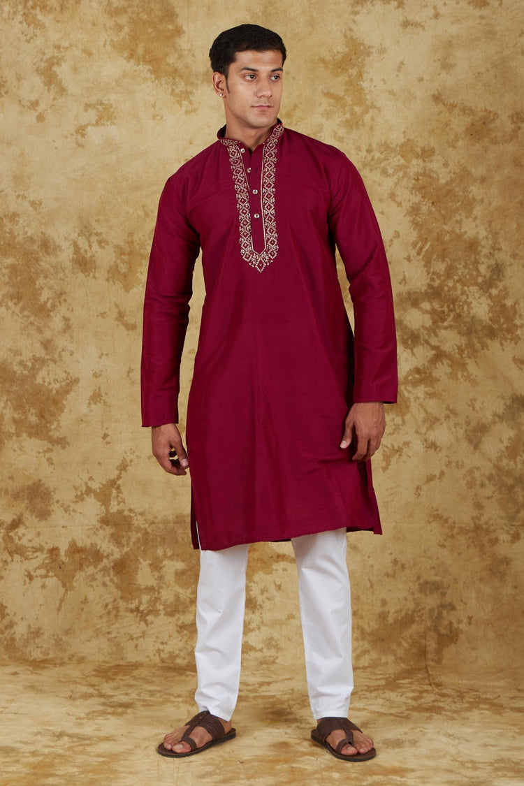 Bluesaanchi Royal Elegance Crimson Handloom Embroidery Kurta Set - Veshbhoshaa