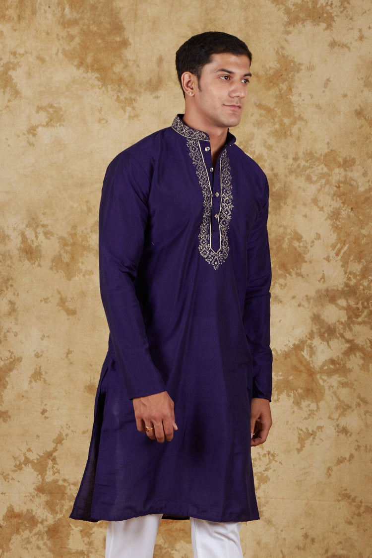 Bluesaanchi Royal Elegance Space Blue Handloom Embroidery Kurta Set - Veshbhoshaa