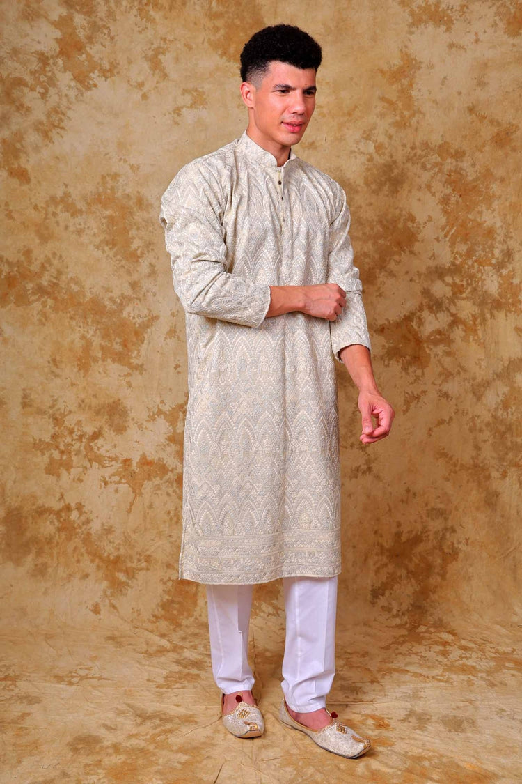 Bluesaanchi Zari Work Ivory Kurta with Trouser Pajama - Veshbhoshaa
