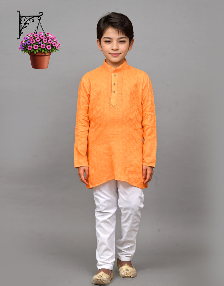 Orange Self-Design Embroidered Kurta Set – Bold & Stylish for Your Little One
