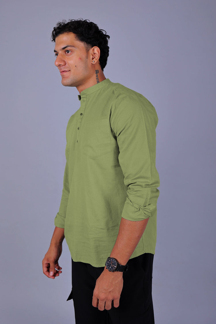 Bluebird Men's Short Kurta in Light Mehendi- 100% Pure Cotton