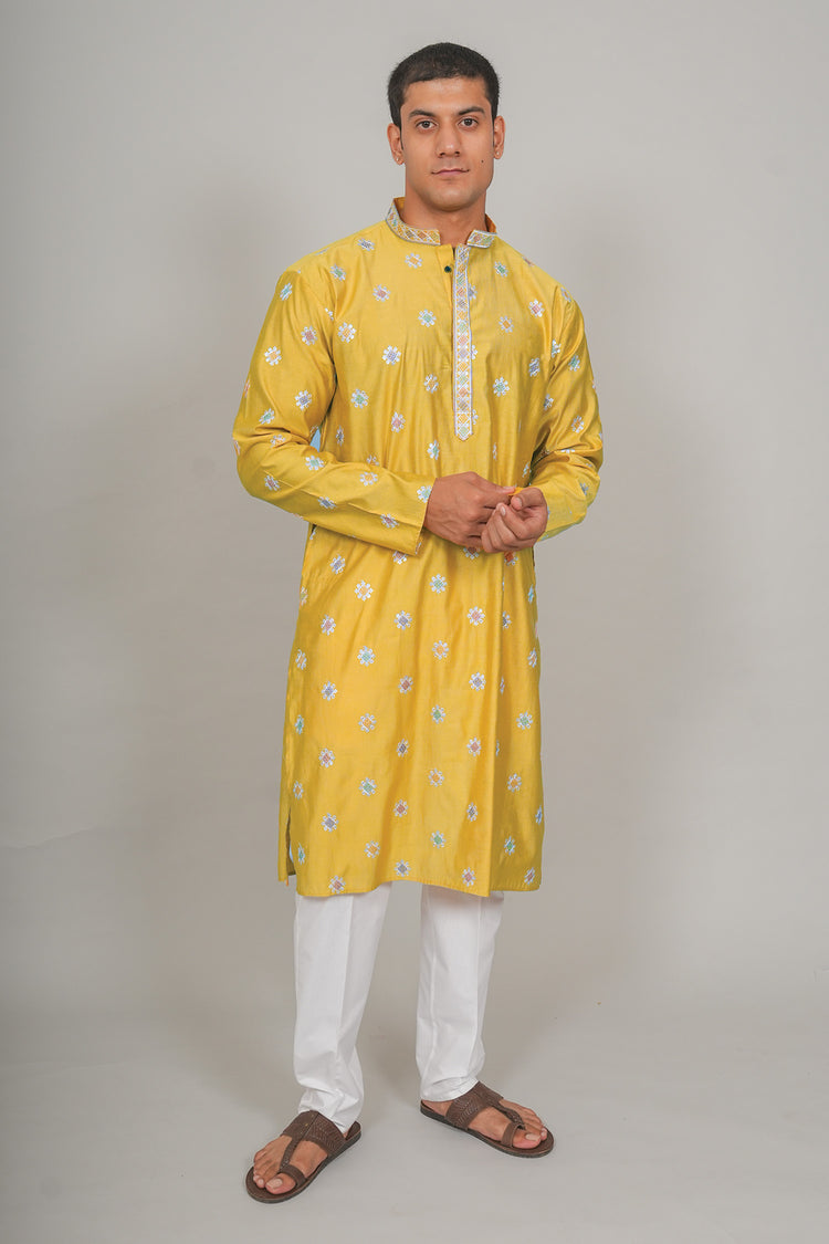 Bluesaanchi Handcrafted Cotton Kurta Pajama Set for Men – Yellow