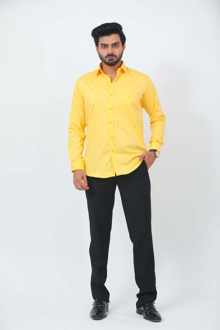 BLUEBIRD MEN'S YELLOW COTTON LYCRA FORMAL SHIRT