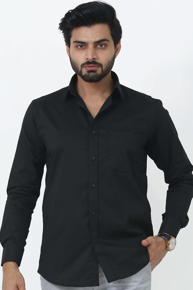 BLUEBIRD MEN'S BLACK COTTON LYCRA FORMAL SHIRT