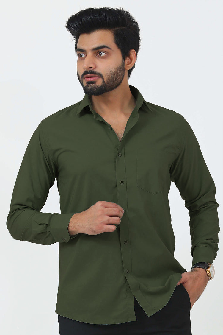 BLUEBIRD MEN'S MEHNDI GREEN COTTON LYCRA FORMAL SHIRT