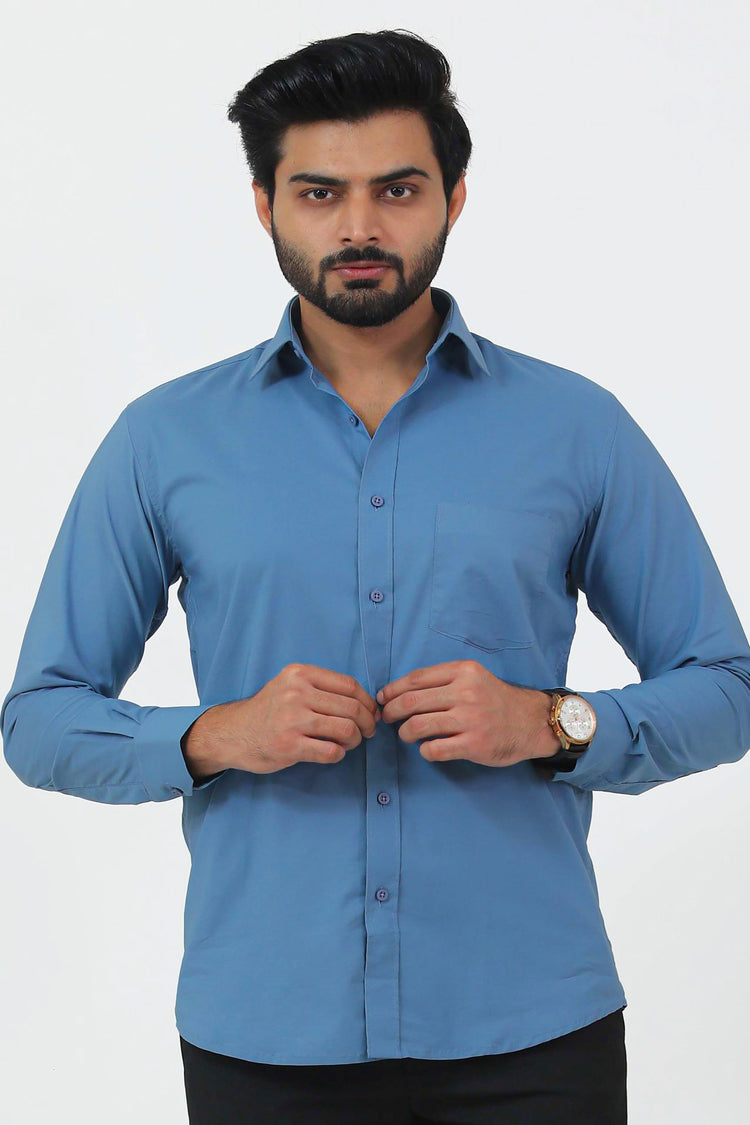 BLUEBIRD MEN'S BLUE COTTON LYCRA FORMAL SHIRT