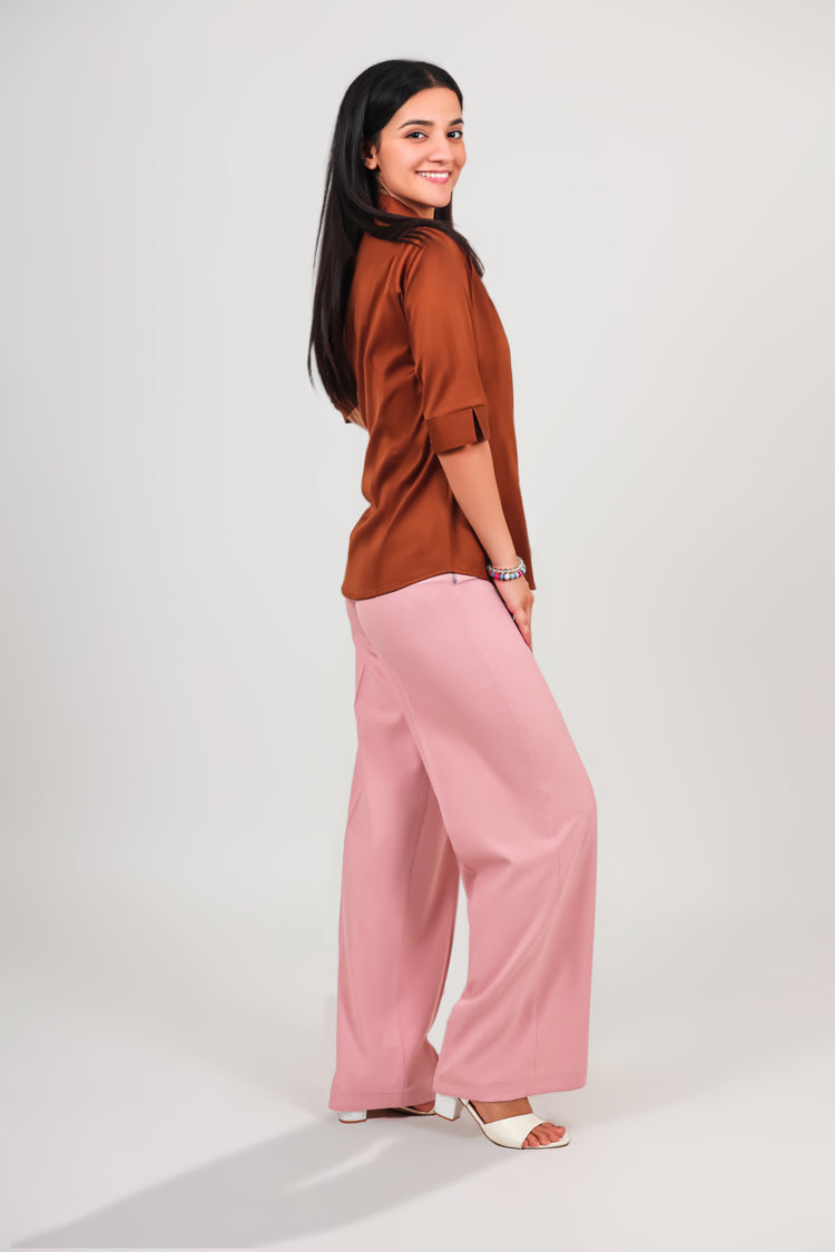 WOMEN PINK SOLID CASUAL BELL BOTTOM  TROUSERS