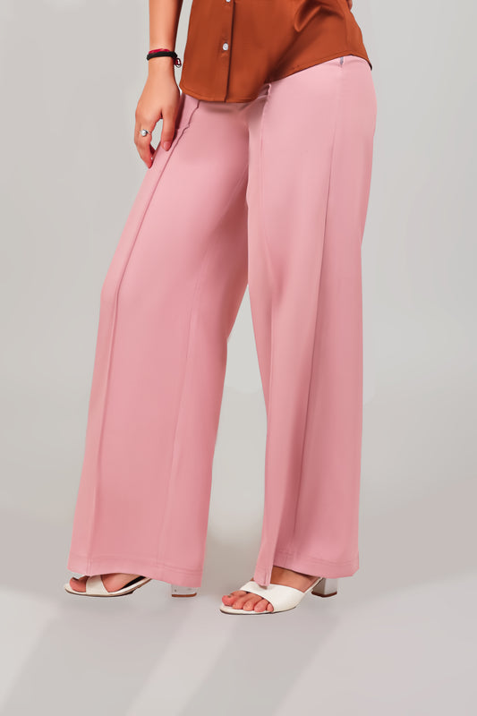 WOMEN PINK SOLID CASUAL BELL BOTTOM  TROUSERS