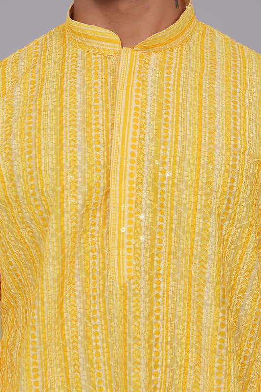 Bluesaanchi Men's Chikankari Threadwork & Sequin Kurta Set –Yellow