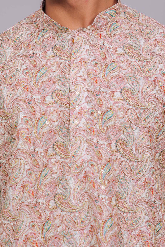 Bluesaanchi Men's Chikankari Threadwork & Sequin Kurta Set –Pink White