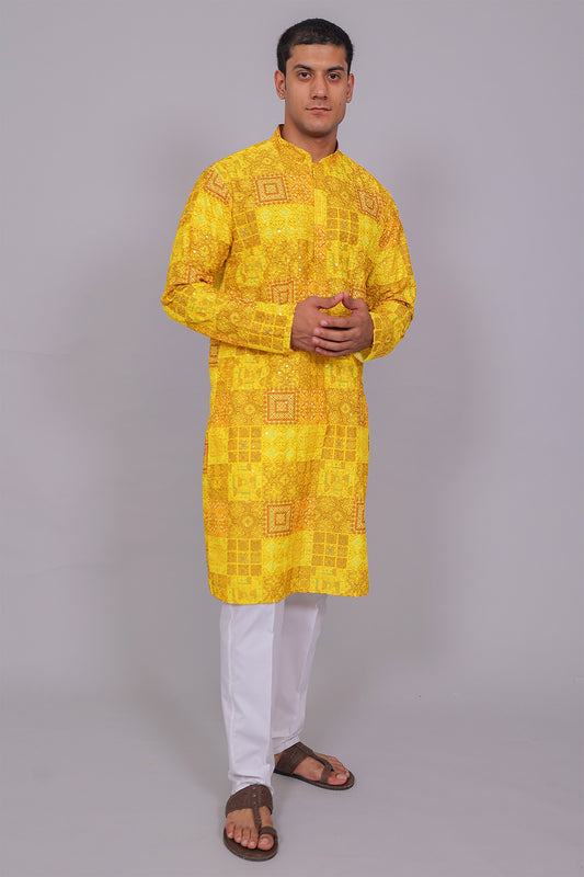 Bluesaanchi Men's Chikankari Threadwork & Sequin Kurta Set –Dark Yellow