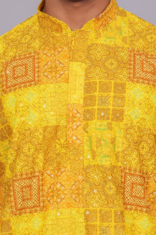 Bluesaanchi Men's Chikankari Threadwork & Sequin Kurta Set –Dark Yellow