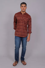 Bluebird Men's Maroon Ikat Printed Short Kurta